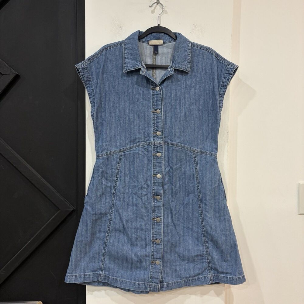 Universal Thread Button Front Striped Sleeveless Denim Dress Medium Pockets